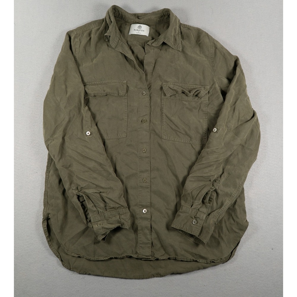 Babaton Utility Button Down 100% Lyocell Roll Tab Sleeve Olive Green Shirt S